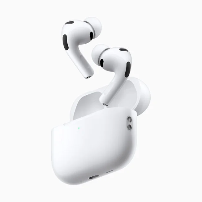 Apple AirPods Pro 3 in white, shown with their charging case on a neutral background