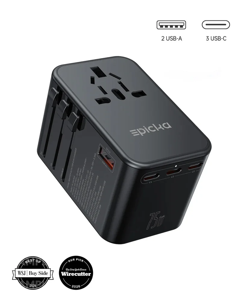 Epicka TA-105 Max GaN 75W universal travel adapter with 5 USB ports