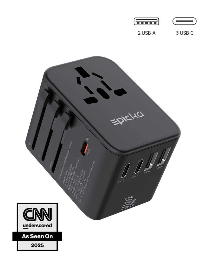 Epicka TA-105 Pro GaN 70W universal travel adapter with 3 USB-C and 2 USB-A ports