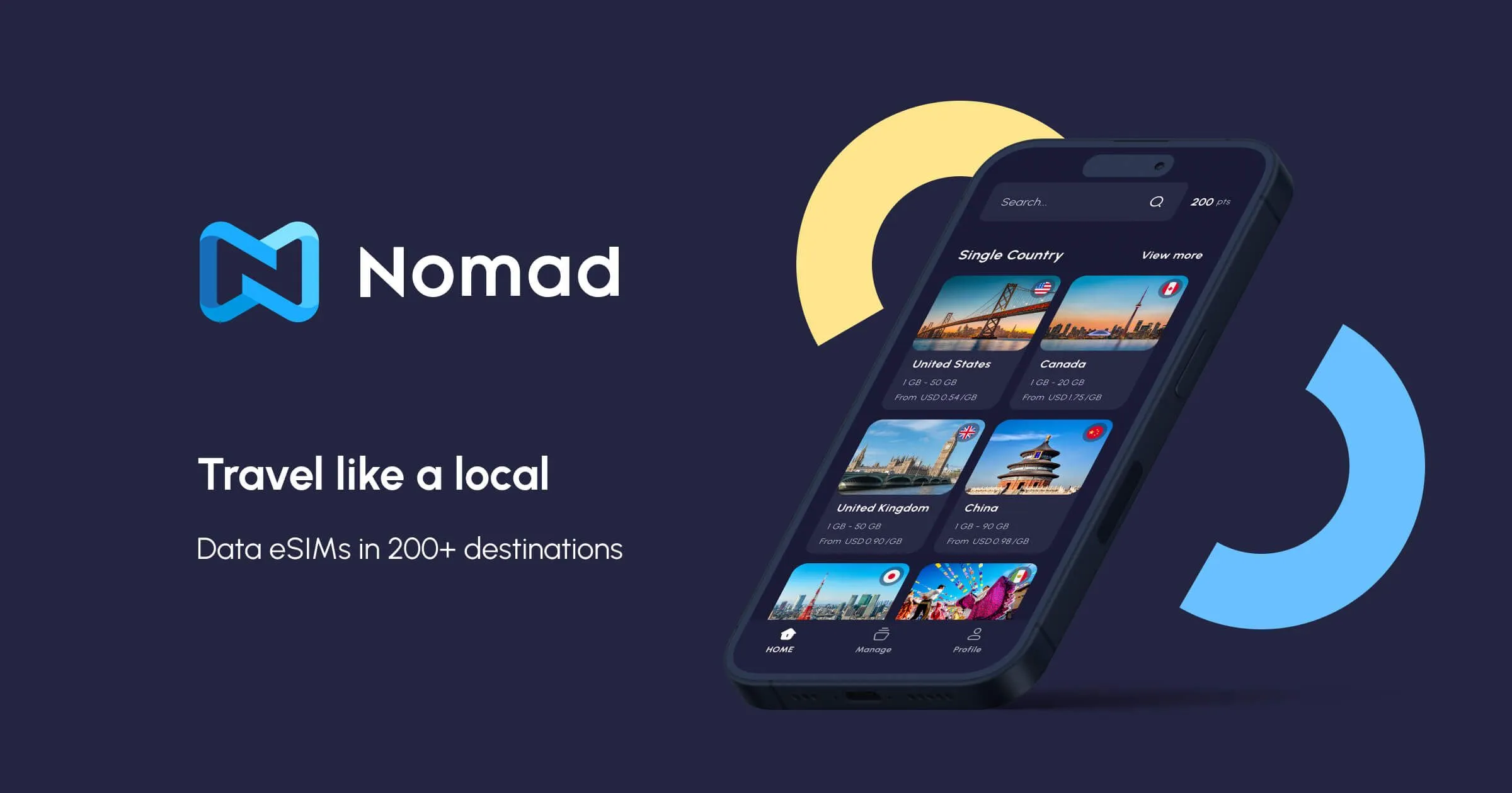 Nomad eSIM app shown on a smartphone
